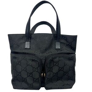 Gucci Monogram GG Small Black Nylon Tote Bag Zip Front Pockets Metallic Luxury